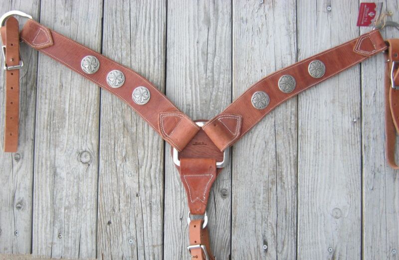 West 74 Heavy Duty Harness Leather Breast Collar Sterling Overlaid Conchos