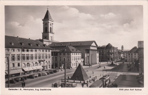 Karlsruhe , Marktplatz ,  Ansichtskarte, 1950 gel.