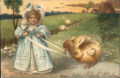 Easter Fantasy Little Girl With Baby Chicks c1910 Vintage Postcard