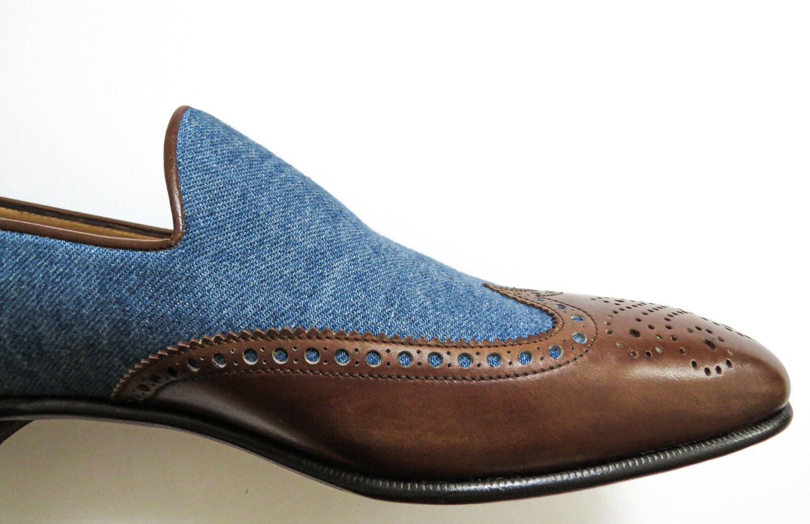 Pre-owned Brioni $1225  Brogue Two Tone Denim Leather Loafers Shoes 9.5 Us 42.5 Euro 8.5 Uk In Multicolor