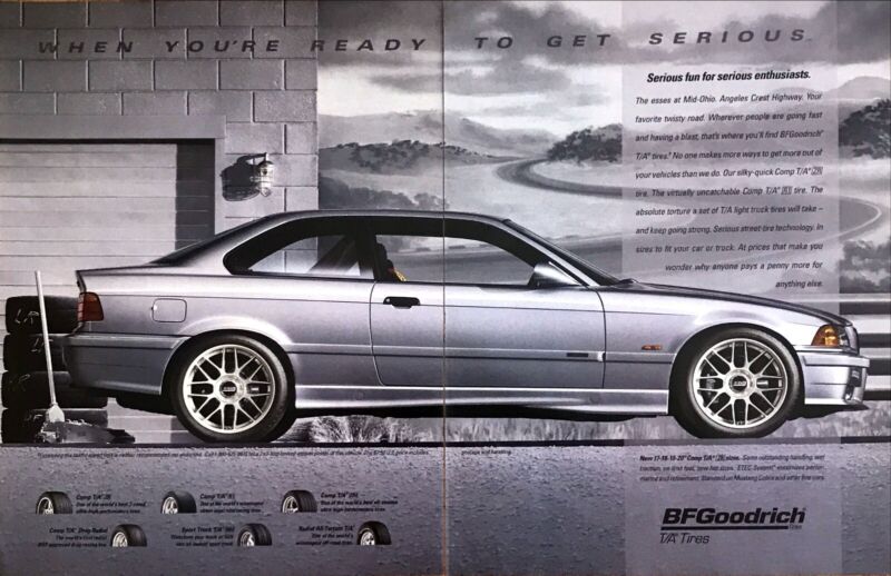 1997 BMW M3 Coupe photo "Serious Fun" BF Goodrich Tires 2-page vintage print ad