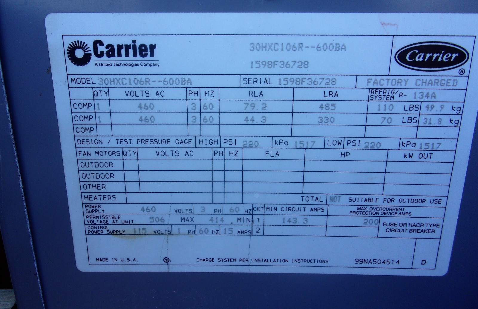 Carrier Model 30HXC106R-600BA Water Cooled Chiller