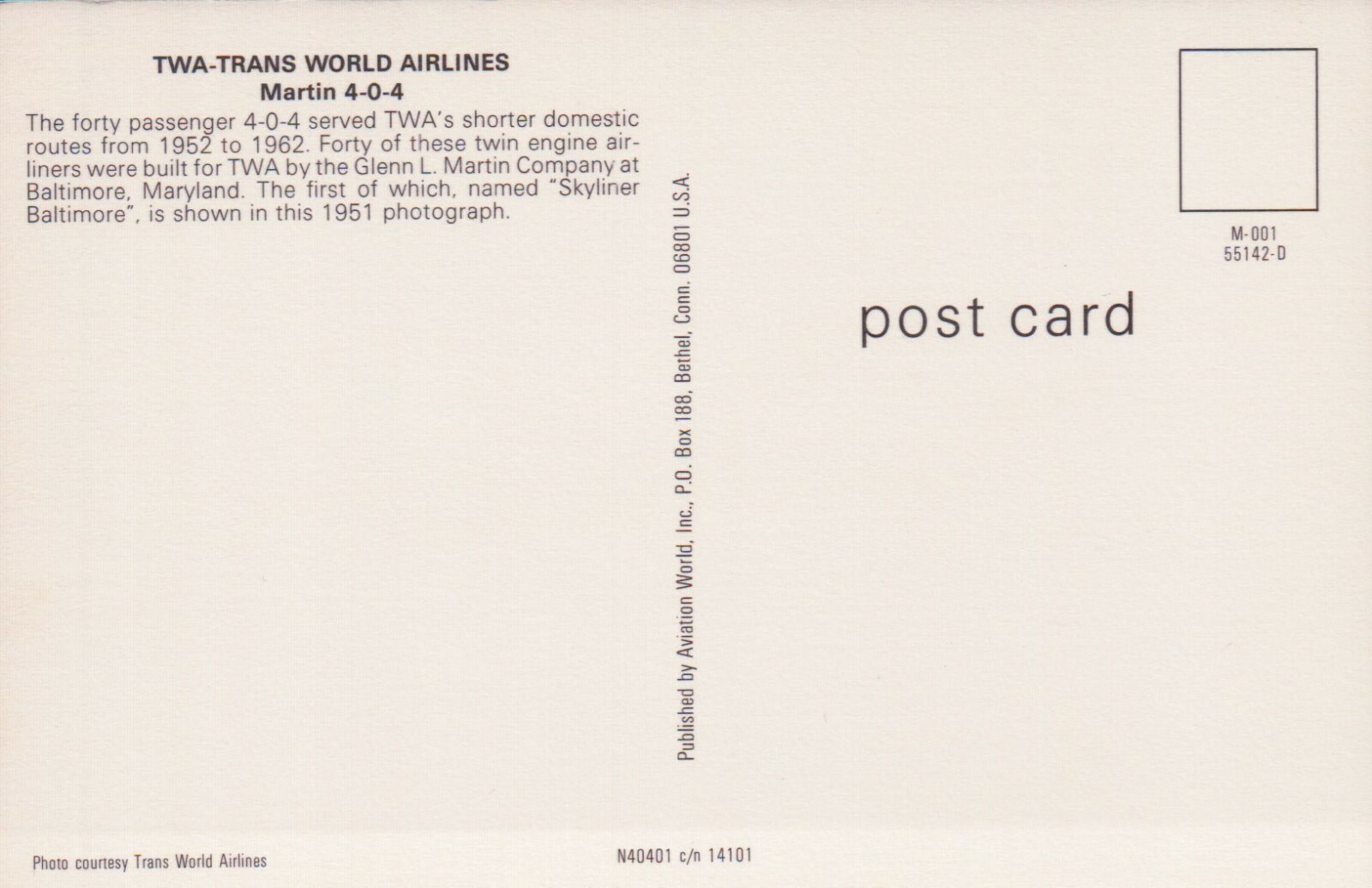 TWA Trans World Airlines Martin 4-0-4 Vintage Postcard
