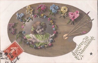 HAND COLORED: ''Sincere Thanks'' - Palette, Flowers, Child - 1906 - EMBOSSED