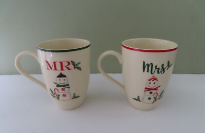 2 Lenox Holiday Mr. & Mrs. Snowman 16 Oz Mugs - Mint