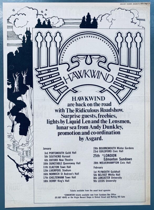 HAWKWIND 1974 vintage POSTER ADVERT UK CONCERT TOUR RIDICULOUS ROADSHOW