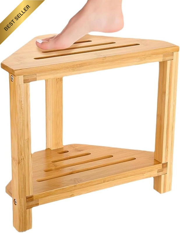 Bamboo Corner Shower Stool, Waterproof Bath Bench Seat with Storage Shelf, Showe