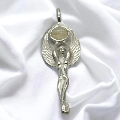Angel Goddess Pendant with Detailed Angel Wings and Rainbow Moonstone in Silver