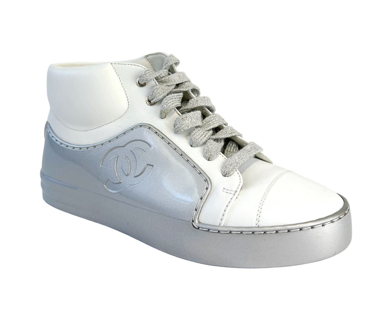 5色カラバリ☆【CHANEL】スニーカー CHANEL CC Sneakers Logo 5 35.5 Silver Metallic White Leather