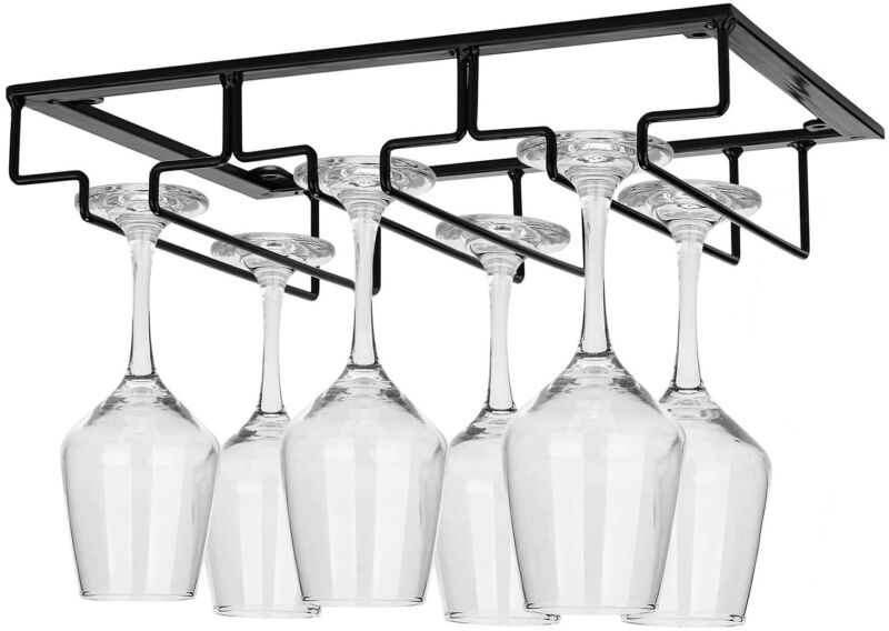 3 Rows Under Cabinet Stemware Wine Glass Holder Glasses for Bar Kitchen Black