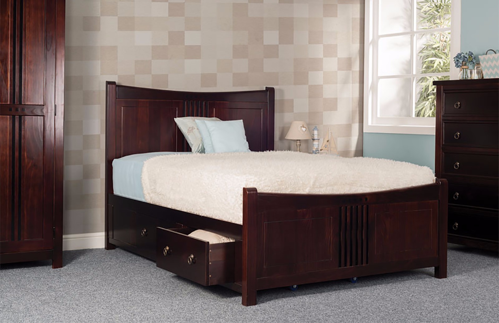 Hereford 4 Drawer Storage Bed Frame Solid Wood Cognac Dark Wood