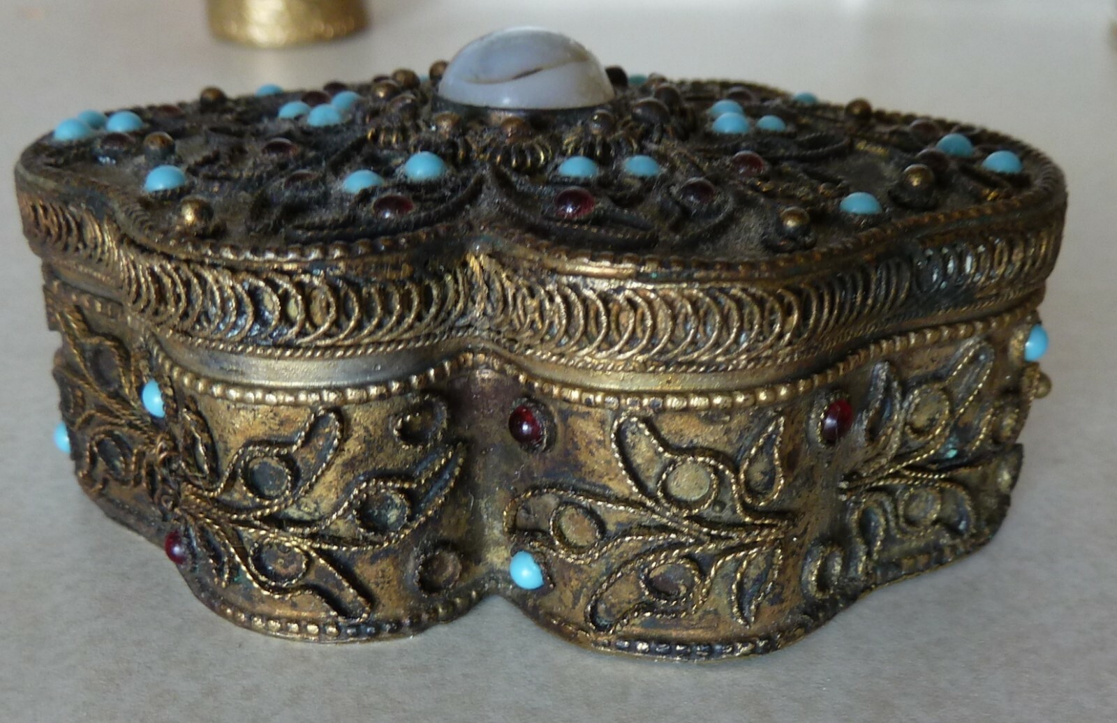 Chinese Silver Gilt Box with Jade, Turquoise and garnet Stones  c. 1900