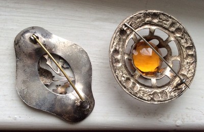 BIG ONES - TWO Pewter & Silver Gilt SCOTTISH KILT BROOCH PINS Vintage Gems