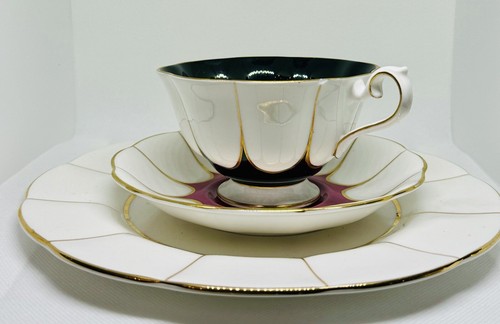 Vintage Royal Albert Trio Tea Cup Saucer Dessert Plate Pink Black Gold on White