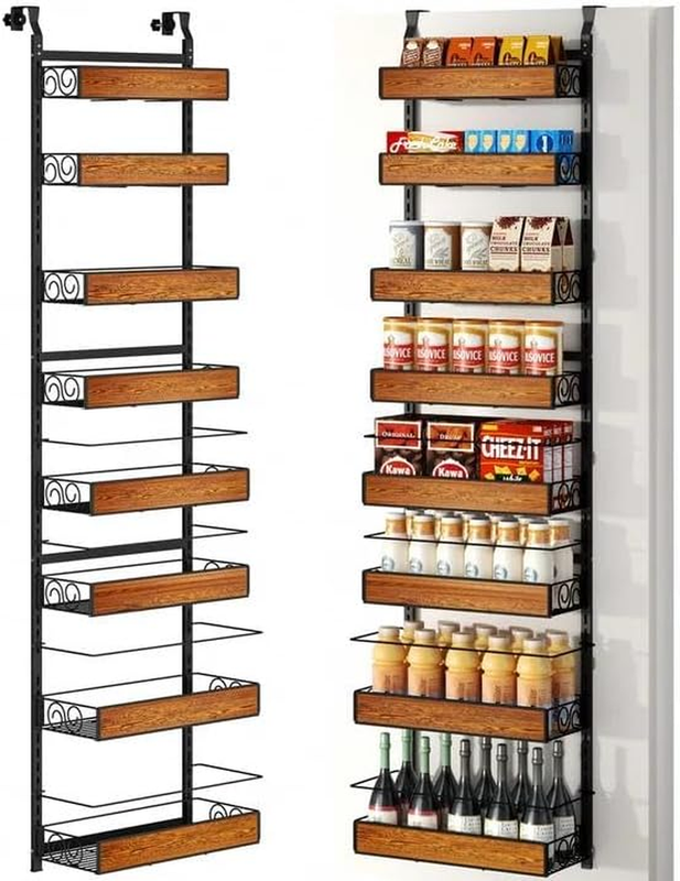 Over the Door Pantry Organizer, 8-Tier Metal Hanging Spice Rack with Adjustable Basket for Kitchen Storage