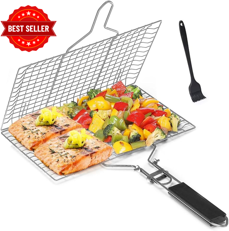 Grill Basket,Bbq Grilling Basket, 304 Stainless Steel Folding Fish Grilling Bask