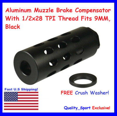 Aluminum Muzzle Brake Compensator With 1/2x28 TPI Thread Fits 9MM, Black