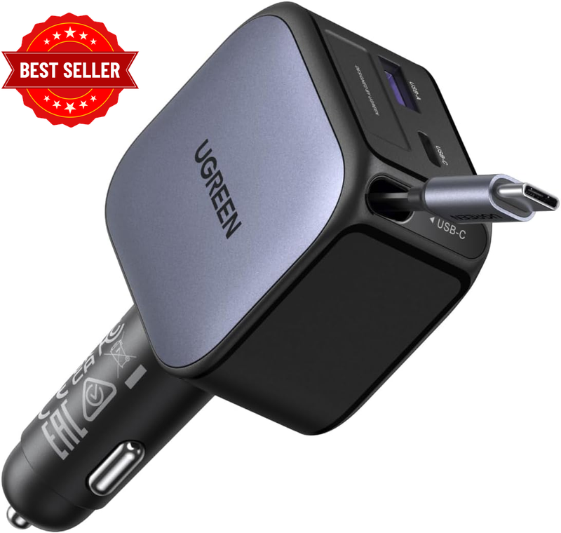 60W Retractable Car Charger, 3 in 1 Cigarette Lighter Adapter
