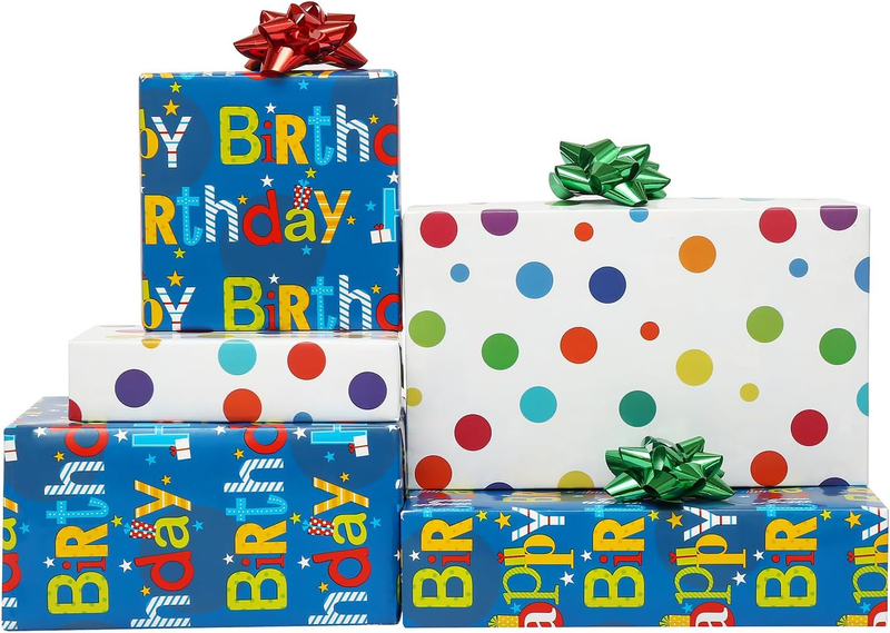 U'COVER Reversible Happy Birthday Wrapping Paper Roll for Kids Boys Girls - Birt
