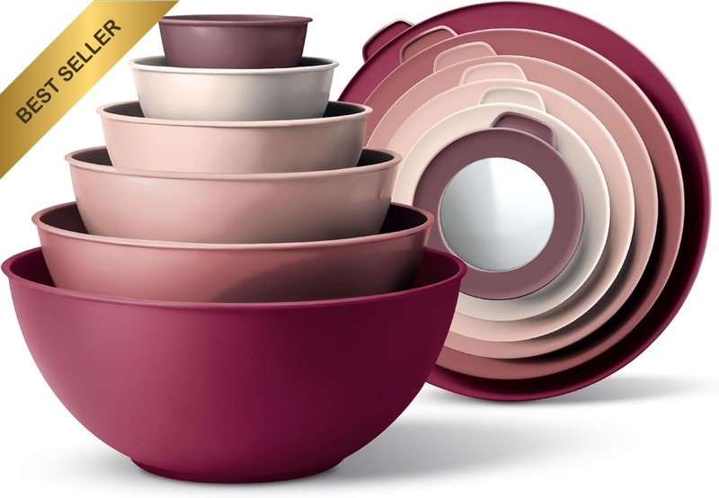 Mixing Bowls with TPR Lids - 12 Piece Plastic Nesting Bowls Set Includes 6 Prep