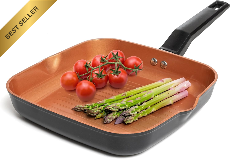 Square Grill Pan for Indoor Cooking, 9.5In Frying Pan Copper Non-Stick Saute Fry
