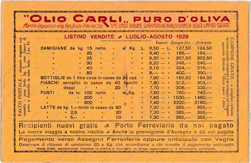 1929 Luglio-Agosto ONEGLIA Olio d’Oliva Fratelli CARLI Imperia listino prezzi - Picture 2 of 3