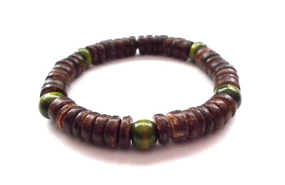 7 1/4''  COCONUT SHELL w GREEN BOHO  BEADED STRETCH BRACELET NEW *SALE