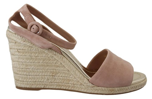 Pre-owned Prada Women Pink Beige Sandals Suede Solid Ankle Strap Casual High Wedge Shoes