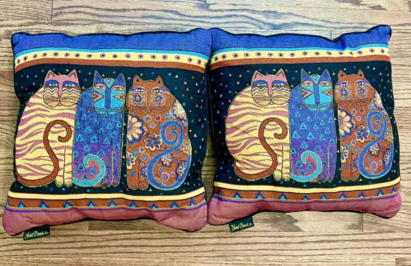 Laurel Burch Throw Pillows Feline Friends Kitty Cat Trio 18” Square Tapestry