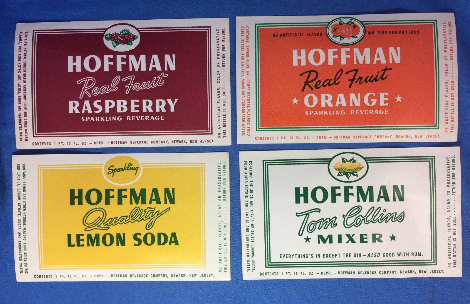 4 Hoffman ORANGE Raspberry LEMON Tom Collins SODA Bottle Label Newark NJ Vintage