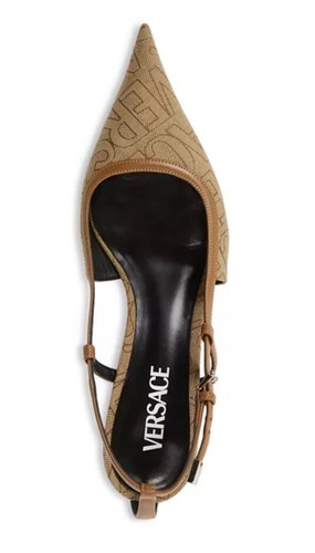 Pre-owned Versace Greca Beige Logo Slingback Kitten Heel In Box Size 36