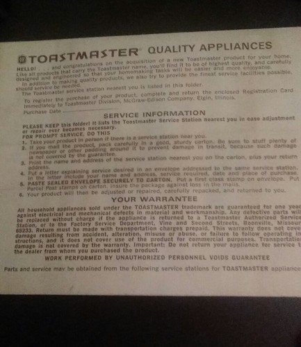 Vintage Toastmaster deluxe  buffet range.  Single burner 1100 watts.  Model 6401