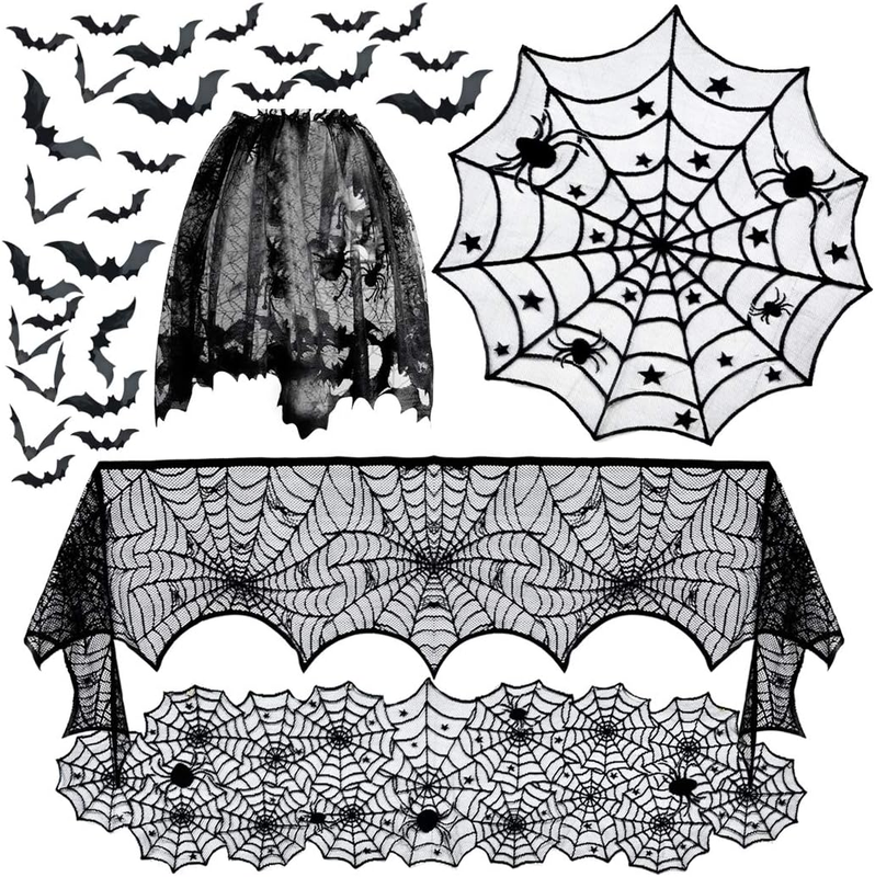 5Pack Halloween Decorations Tablecloth Runner Black Lace round Spider Cobweb Tab