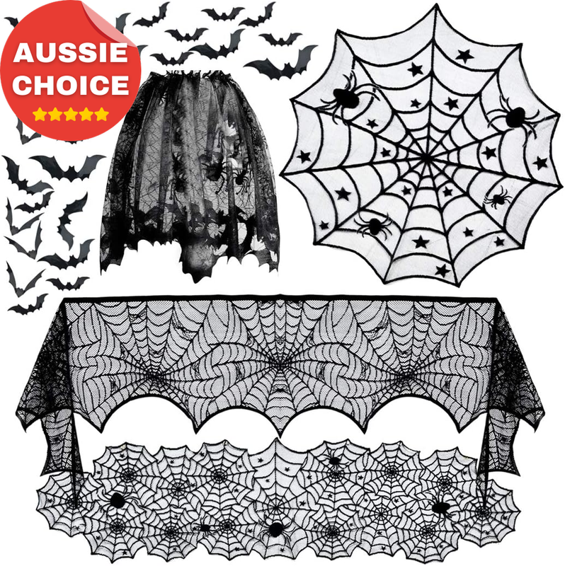 Halloween Tablecloth Runner 5Pack Black Lace Round Spider Cobweb Cover 36Pcs Bat