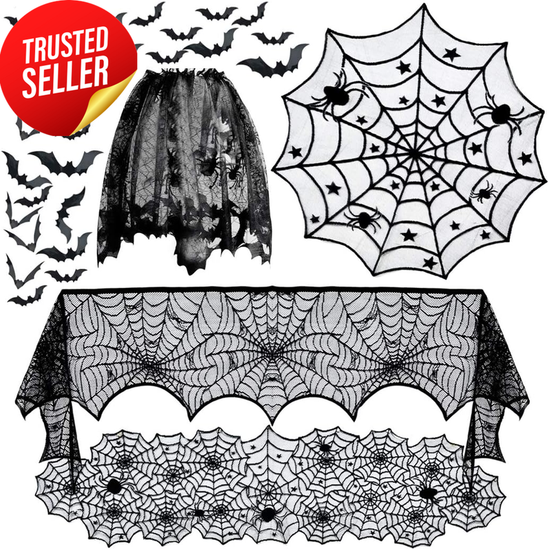 Halloween Table Runner Set 5Pack Black Lace Spider Cobweb Bat Decor