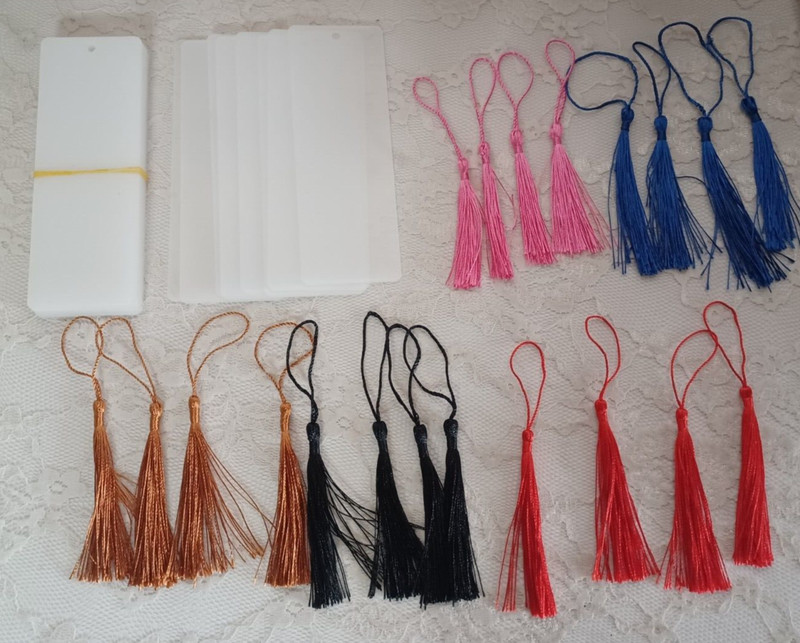 BLANK CLEAR ACRYLIC DIY BOOKMARKS RECTANGLE 40 Pcs. & TASSLES