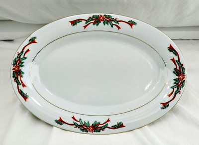 TIENSHAN / FAIRFIELD 14'' Oval Poinsettia & Ribbons Platter Holiday/Christmas