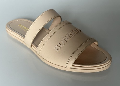 Pre-owned Burberry Open Toe Women's Peach Leather Slides Sandals 7.5 (37.5) 8047843 It In Orange