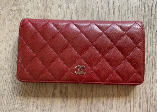 Chanel Caviar Quilted Yen Burgundy Red Silver Hardware Wallet Women