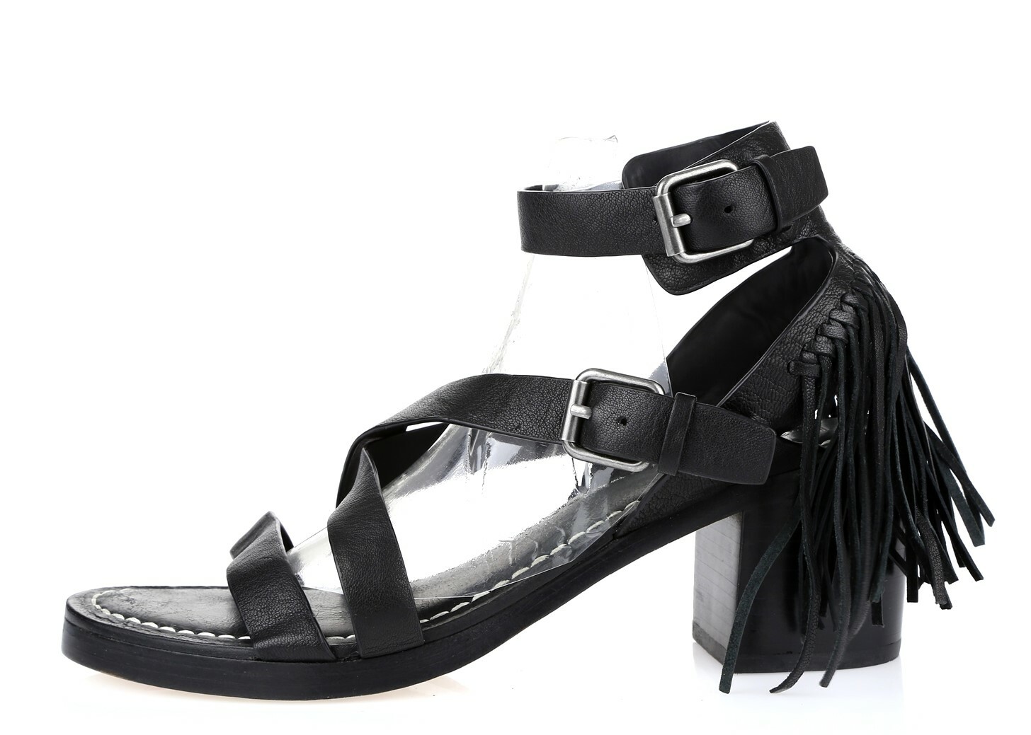 Belle By Sigerson Morris Black Leather Block Heel Sandals With Fringe Size 7.5