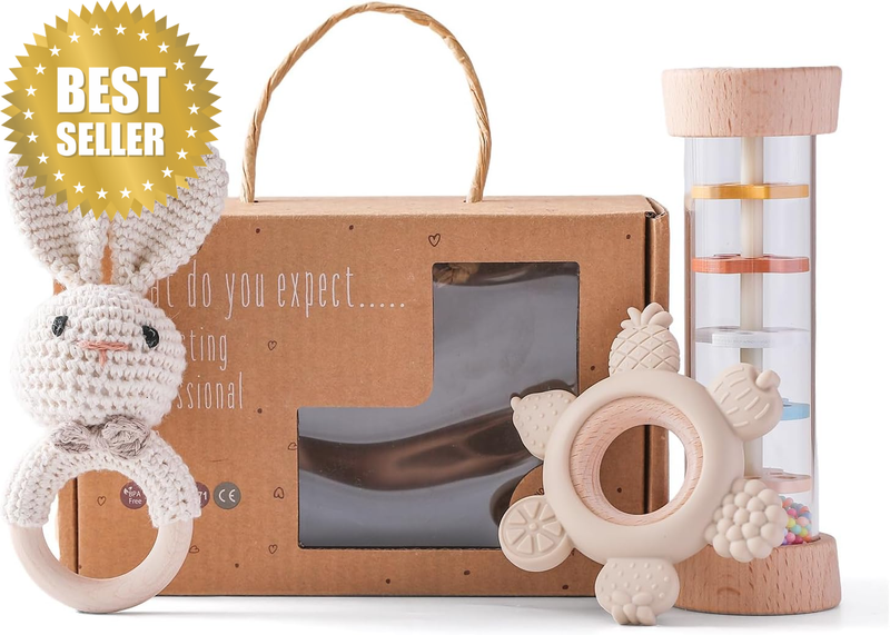Wooden Baby Rattle Set (3Pcs) - Crochet Rattle Rain Stick Toys, Wooden Montessor