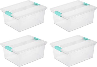 Sterilite Deep Clip Box, Stackable Small Storage Bin with Deep, Clear, Blue 