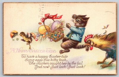 Postcard A Happy Easter Tide Dressed Cat Chicken Eggs Chick 1924 D180