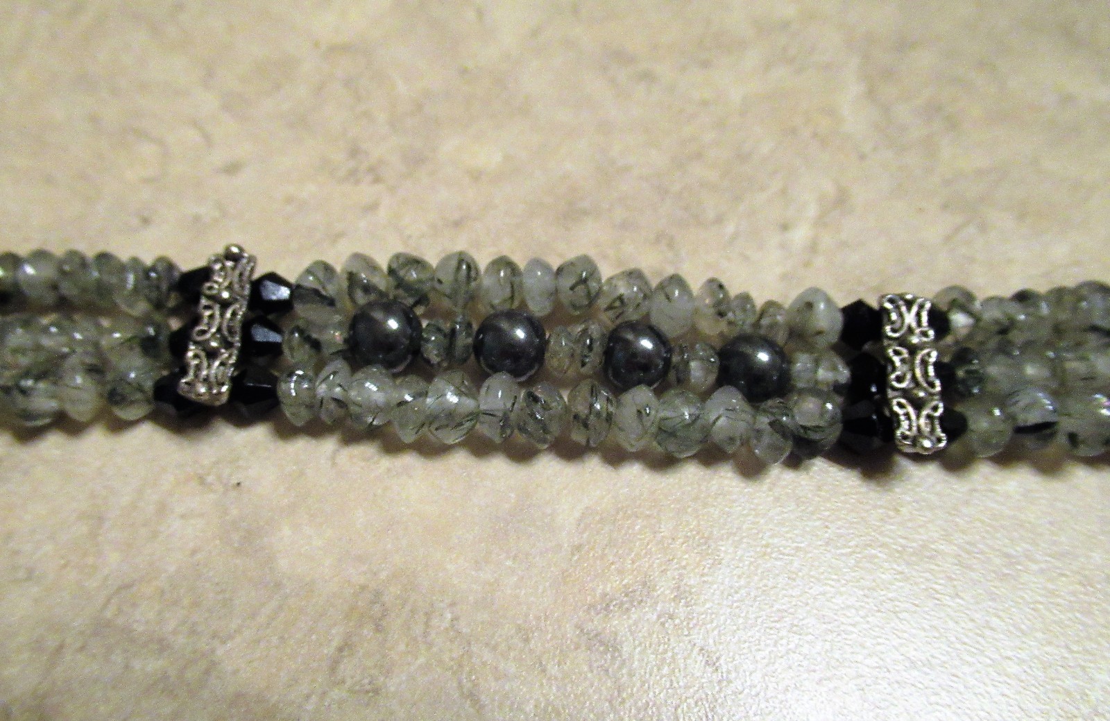 Handmade Tourmalinated Quartz Hematite Silver Tone Bracelet NWOT