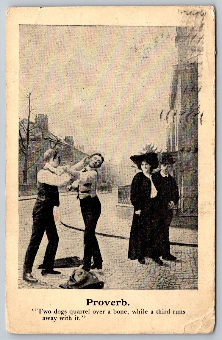 Proverb 2 Dogs Quarrel over a bone Romance Humor Postcard Stamped