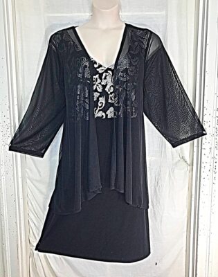Connected Elegant Flowing Black Metallic Silver Embrd 2fer Jacket Dress 24W NWT