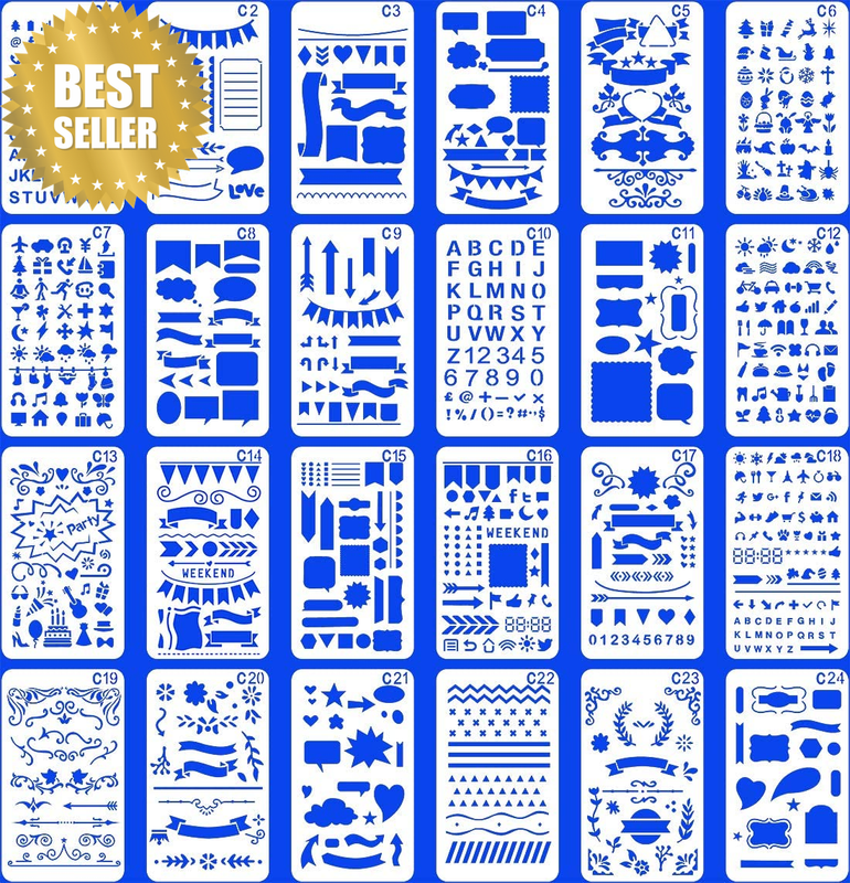 (Stencil-Classic) - 24 PCS Bullet Notebook Journal Stencil Plastic Planner Set f
