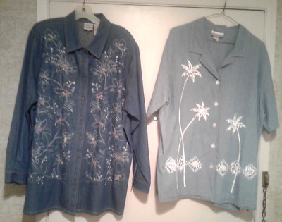 Two  Women s Denim Koret City Blues Beaded & Amica Palm Tree Blouse Size 16W/XL