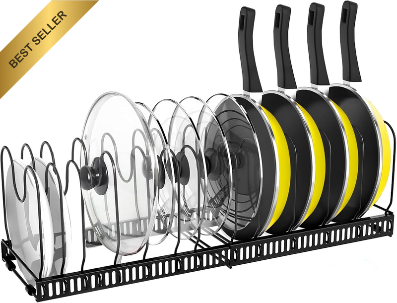 13-Compartment Adjustable Cookware Organizer – Expandable Pan and Lid Holder for