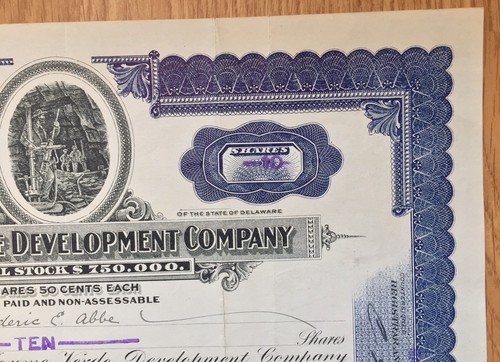 Jerome Verde Development Company Stock Certificate 1924 Delaware Mining Vignette